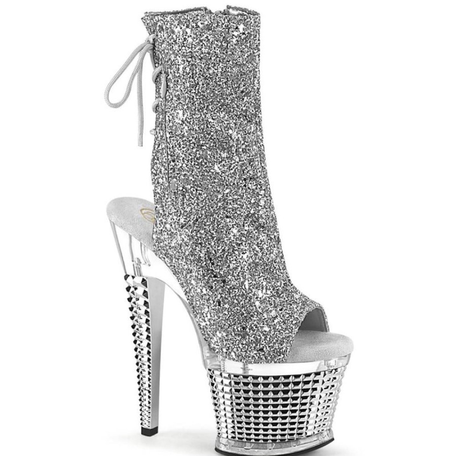 High Heels Pleaser | Pleaser Spectator-1018G Plateau Stiefeletten Glitter Silber