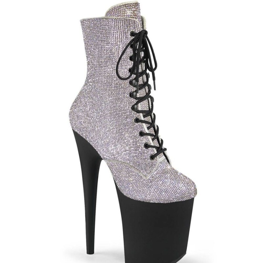 High Heels Pleaser | Pleaser Flamingo-1020Rs Plateau Stiefeletten Strass Silber