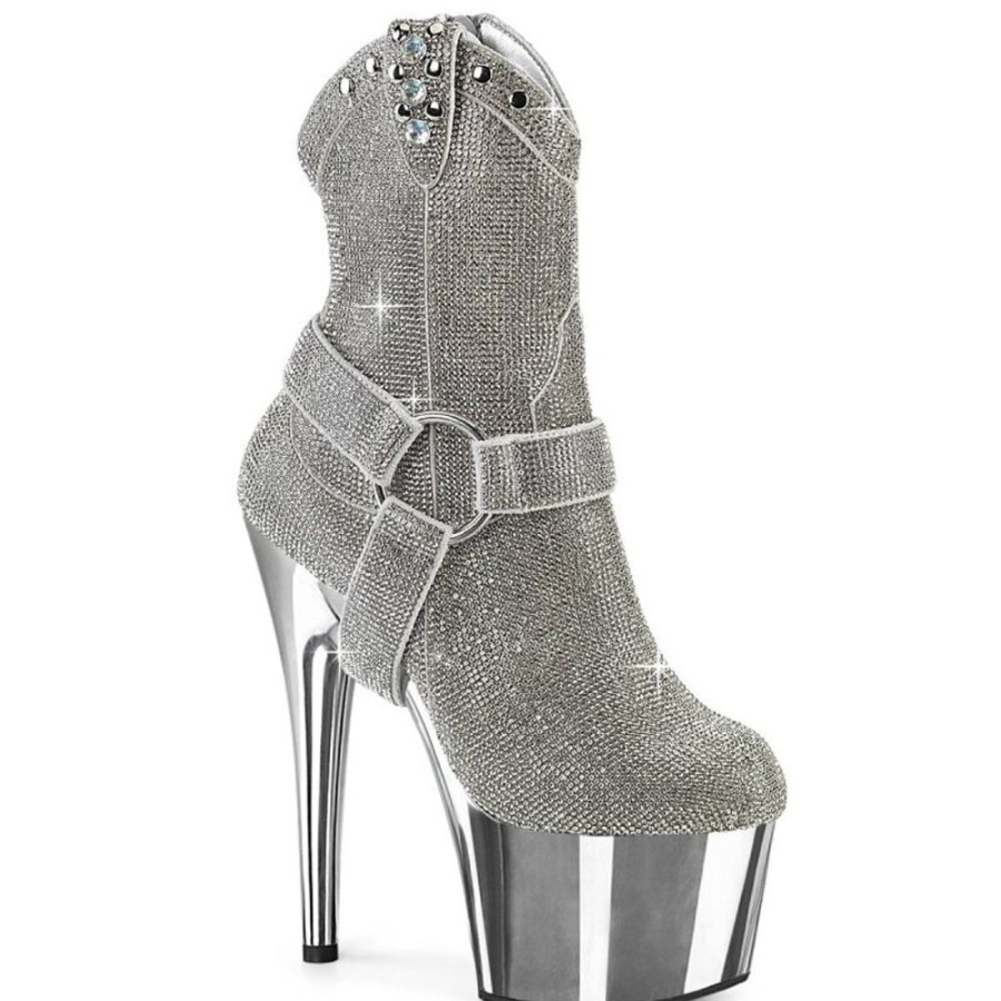 High Heels Pleaser | Pleaser Adore-1029Chrs Plateau Stiefeletten Strass Chrom Silber