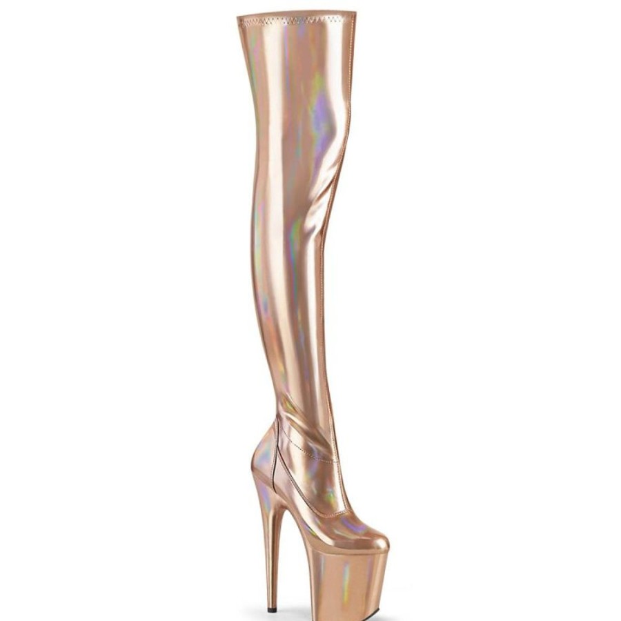 High Heels Pleaser | Pleaser Flamingo-3000Hwr Plateau Overknee Stiefel Lack Holo Rose-Gold