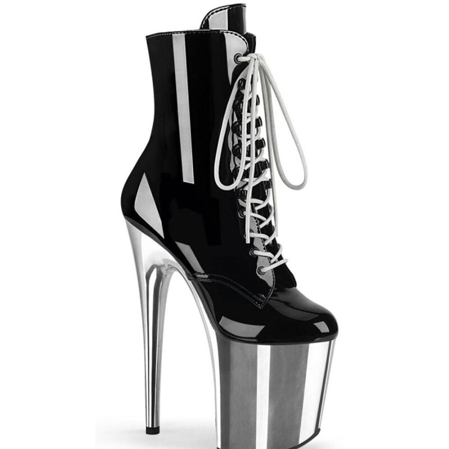 High Heels Pleaser | Pleaser Flamingo-1020 Plateau Stiefeletten Lack Chrom Schwarz Silber