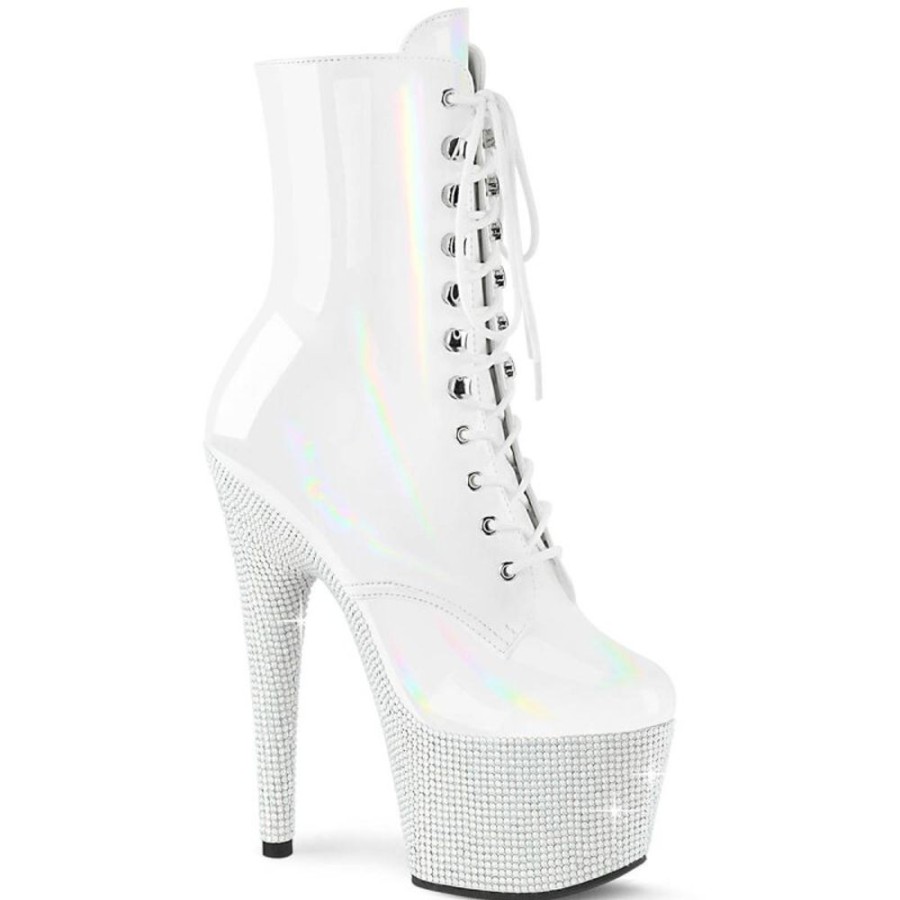 High Heels Pleaser | Pleaser Bejeweled-1020-7 Plateau Stiefeletten Holo Strass Weis