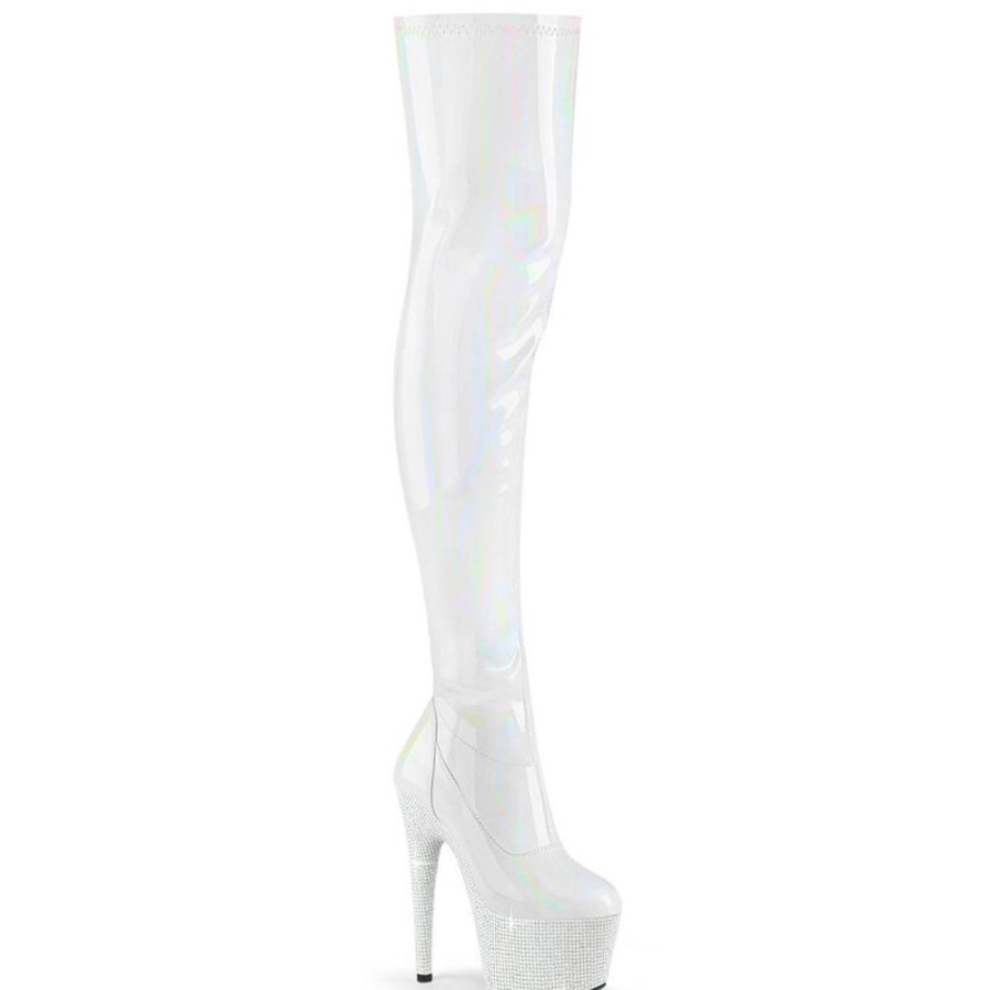 High Heels Pleaser | Pleaser Bejeweled-3000-7 Plateau Overknee Stiefel Holo Strass Weis