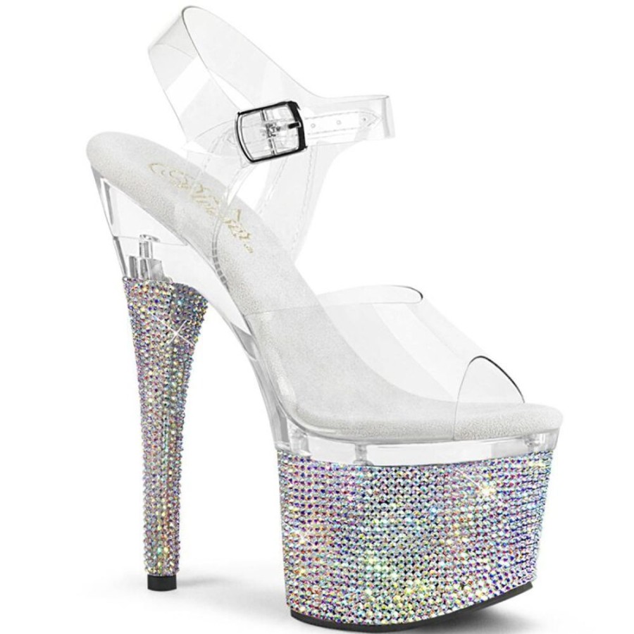 High Heels Pleaser | Pleaser Esteem-708Dm Plateau Sandaletten Strass Transparent Silber