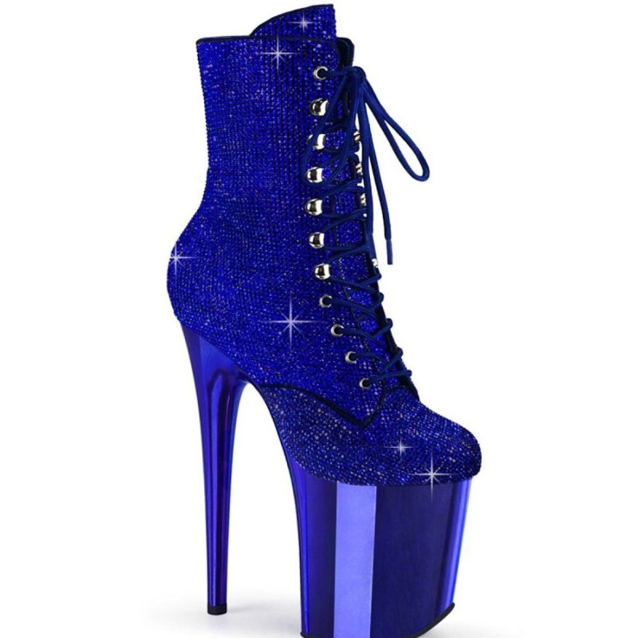 High Heels Pleaser | Pleaser Flamingo-1020Chrs Plateau Stiefeletten Strass Chrom Blau