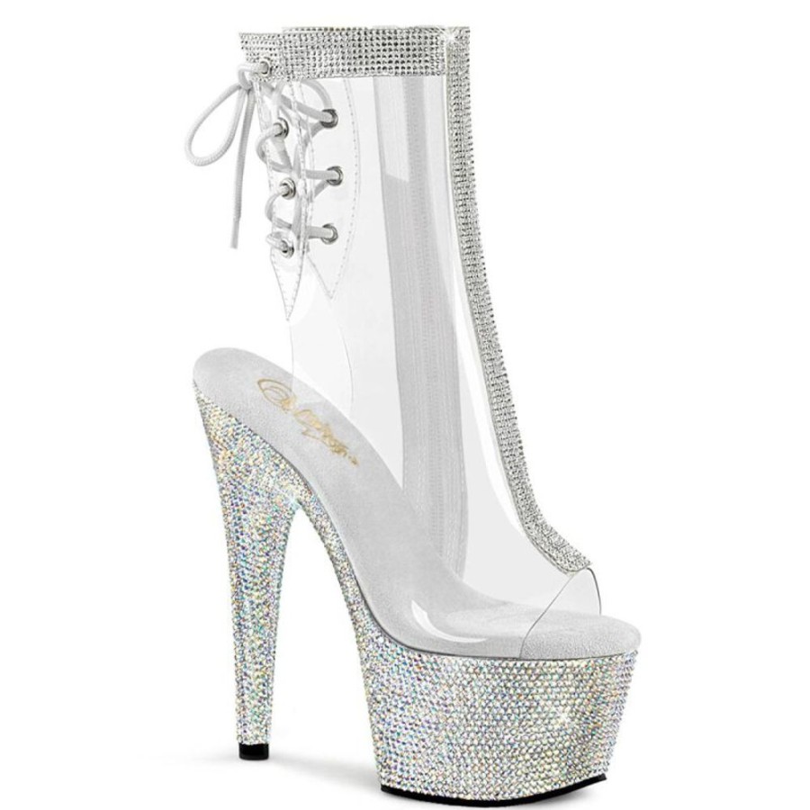 High Heels Pleaser | Pleaser Bejeweled-1018C-2Rs Plateau Stiefeletten Strass Transparent Silber