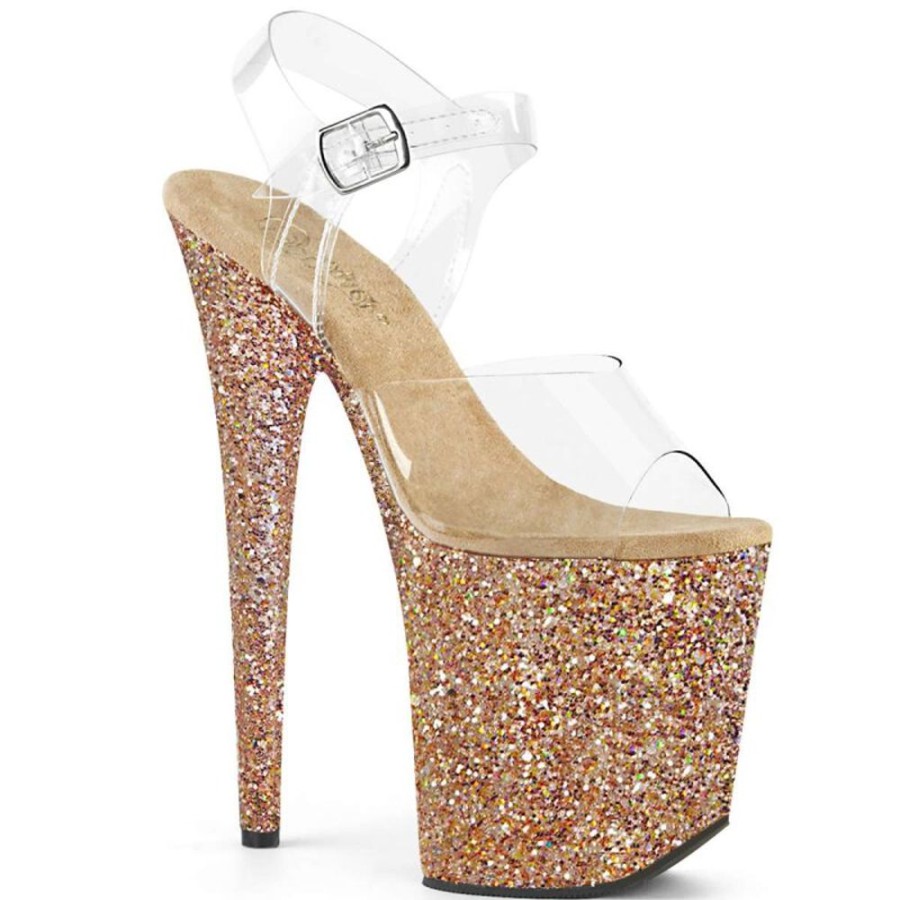 High Heels Pleaser | Pleaser Sandalette Flamingo-808Lg Transparent Rose-Gold Multi Glitter