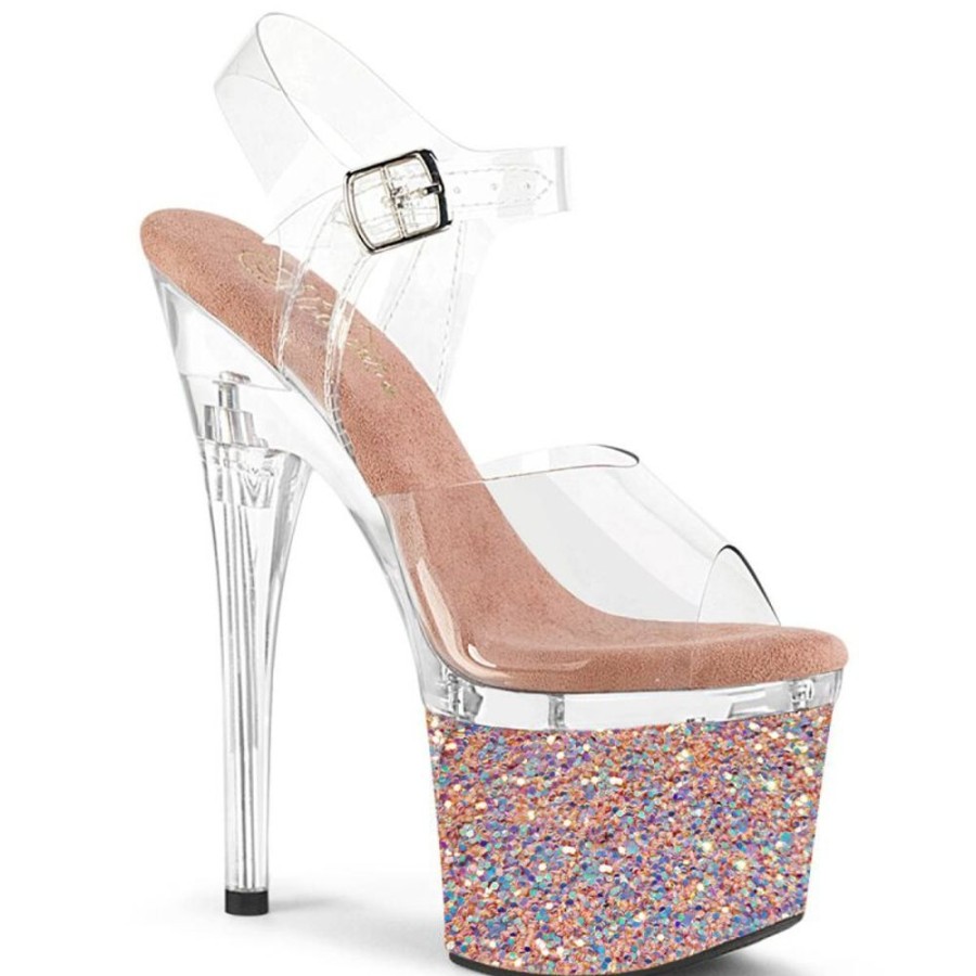 High Heels Pleaser | Pleaser Esteem-708Lg Plateau Sandaletten Glitter Transparent Rose-Gold