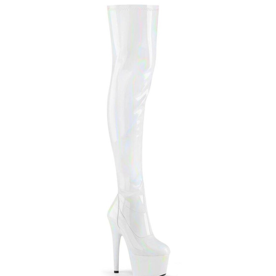 High Heels Pleaser | Pleaser Adore-3000Hwr Plateau Overknee Stiefel Holo Weis