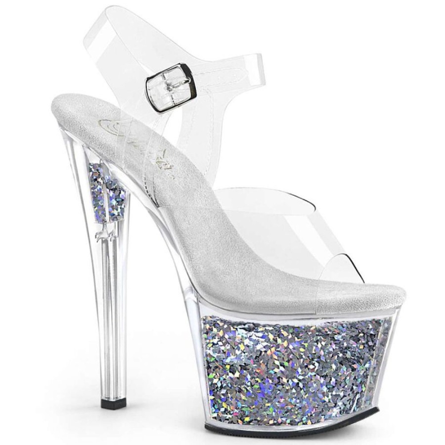 High Heels Pleaser | Pleaser Sandalette Sky-308Gf Transparent Silber Multi Glitter