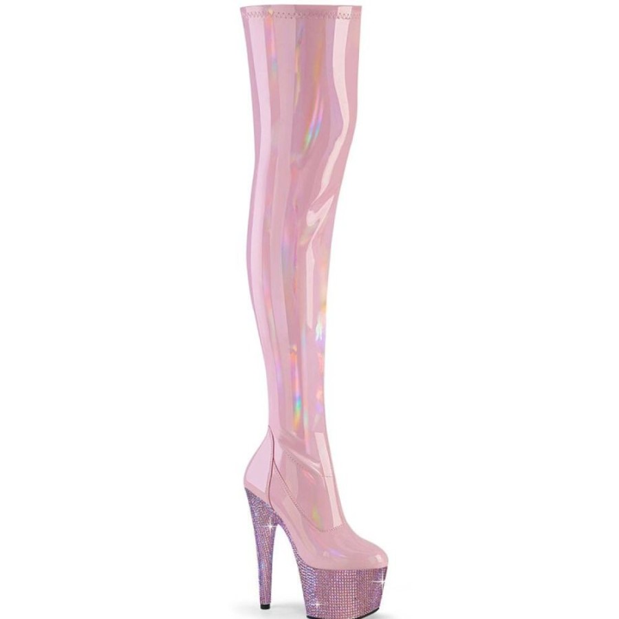 High Heels Pleaser | Pleaser Bejeweled-3000-7 Plateau Overknee Stiefel Holo Strass Rosa