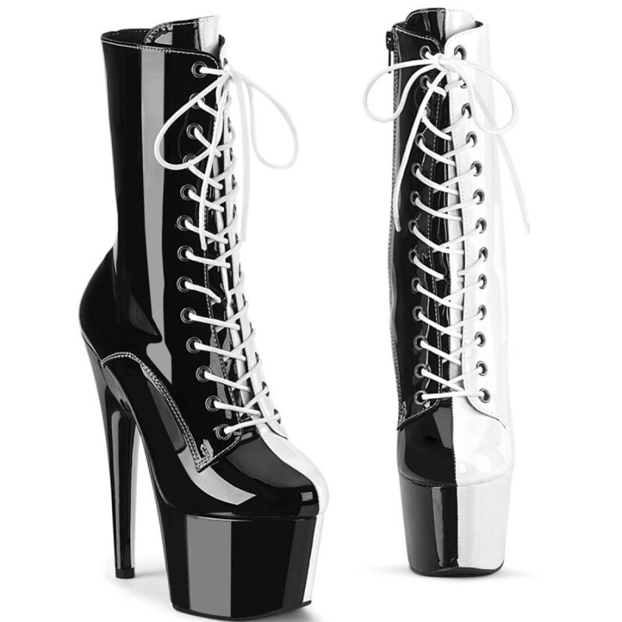 High Heels Pleaser | Pleaser Adore-1040Tt Plateau Stiefeletten Lack Schwarz Weis