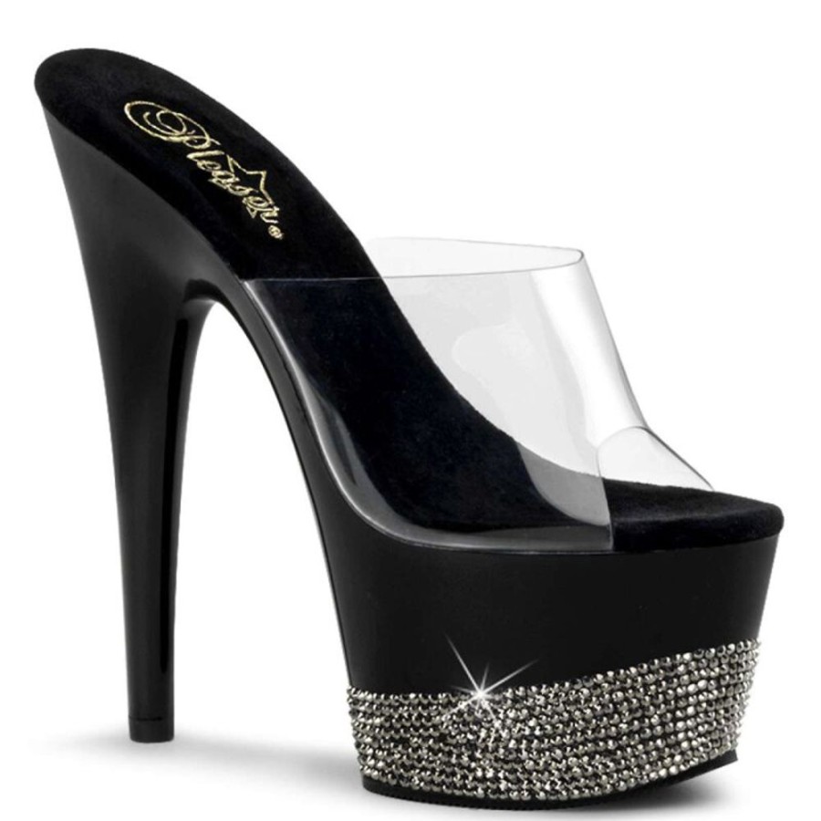 High Heels Pleaser | Pleaser Pantolette Adore-701-3 Transparent Schwarz Silber Strass