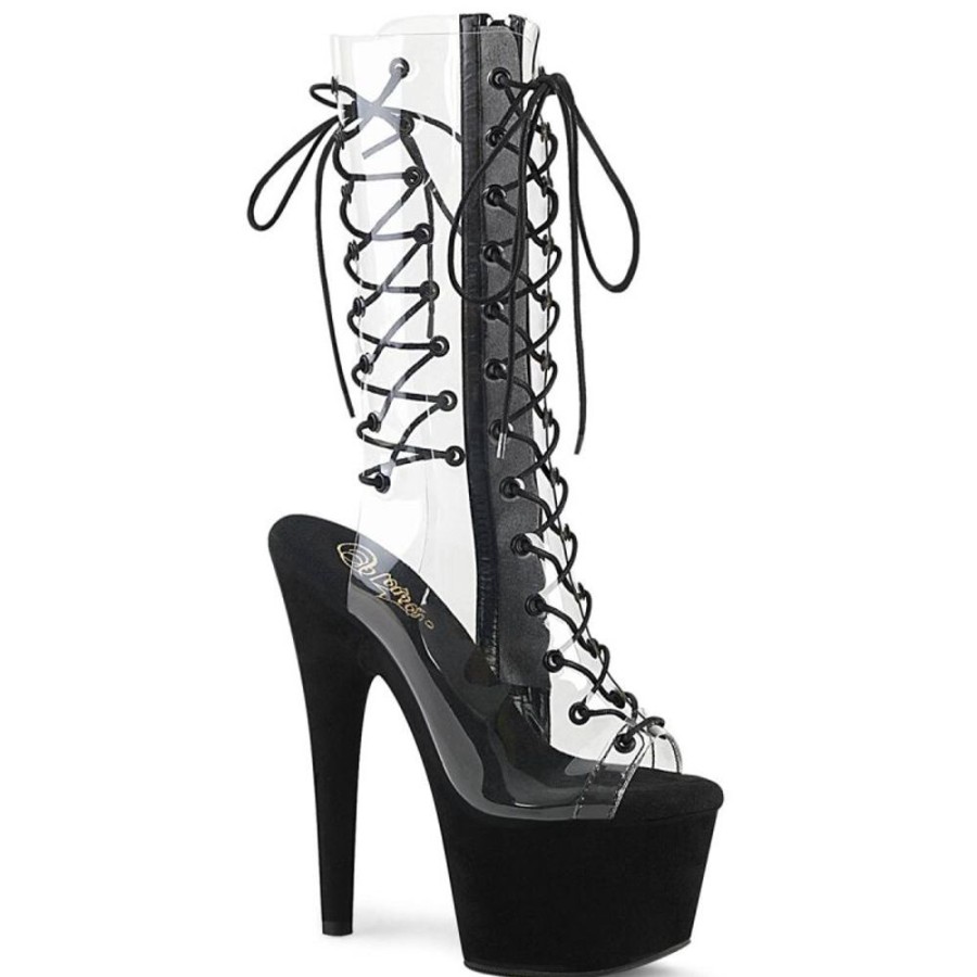 High Heels Pleaser | Pleaser Adore-700-60Fs Plateau Stiefeletten Kunstliches Wildleder Transparent Schwarz