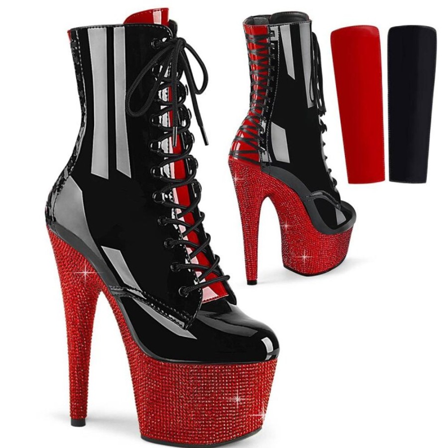 High Heels Pleaser | Pleaser Bejeweled-1020Fh-7 Plateau Stiefeletten Holo Strass Schwarz Rot