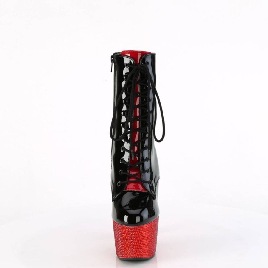 High Heels Pleaser | Pleaser Bejeweled-1020Fh-7 Plateau Stiefeletten Holo Strass Schwarz Rot