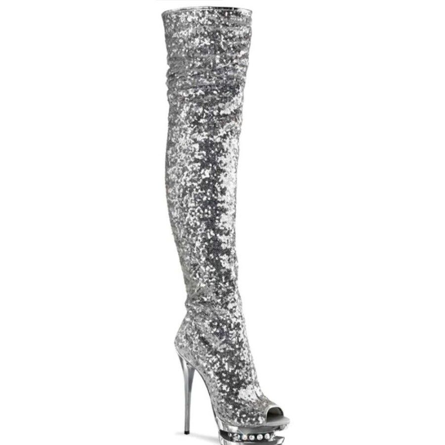 High Heels Pleaser | Pleaser Overknee Stiefel Blondie-R-3011 Silber Multi Strass Chrom