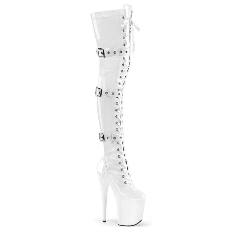 High Heels Pleaser | Pleaser Flamingo-3028 Plateau Overknee Stiefel Lack Weis