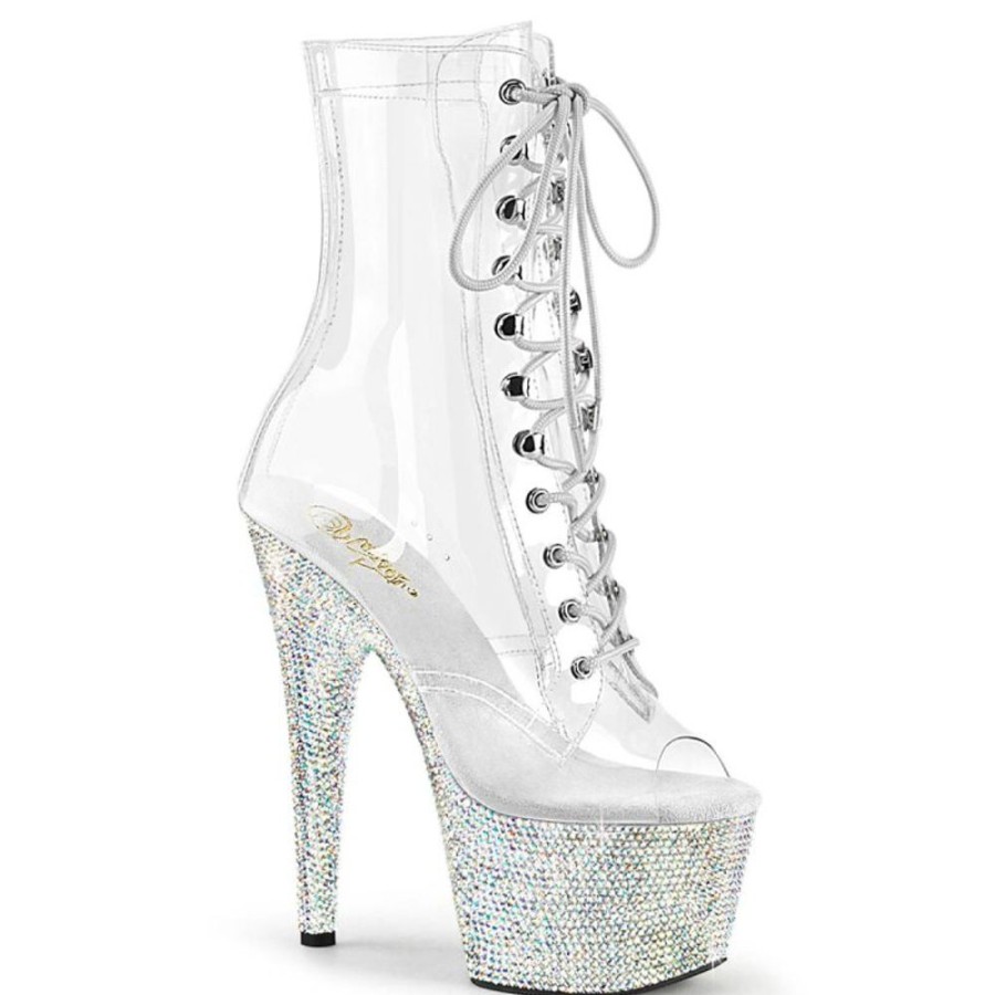 High Heels Pleaser | Pleaser Bejeweled-1021C-7 Plateau Stiefeletten Strass Transparent Silber