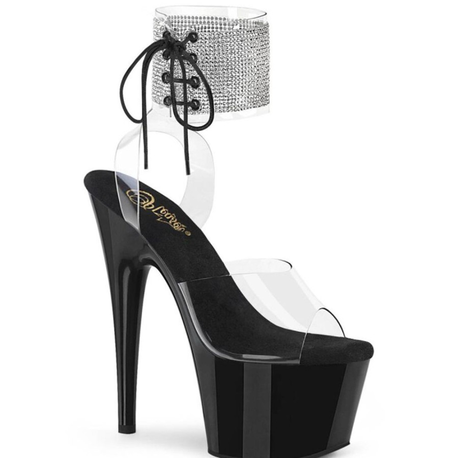 High Heels Pleaser | Pleaser Adore-791-2Rs Plateau Sandaletten Lack Strass Transparent Schwarz