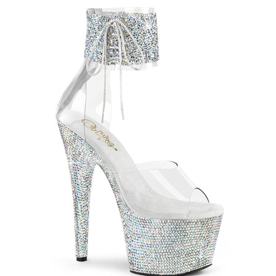 High Heels Pleaser | Pleaser Bejeweled-724Rs-02 Plateau Sandaletten Strass Transparent Silber