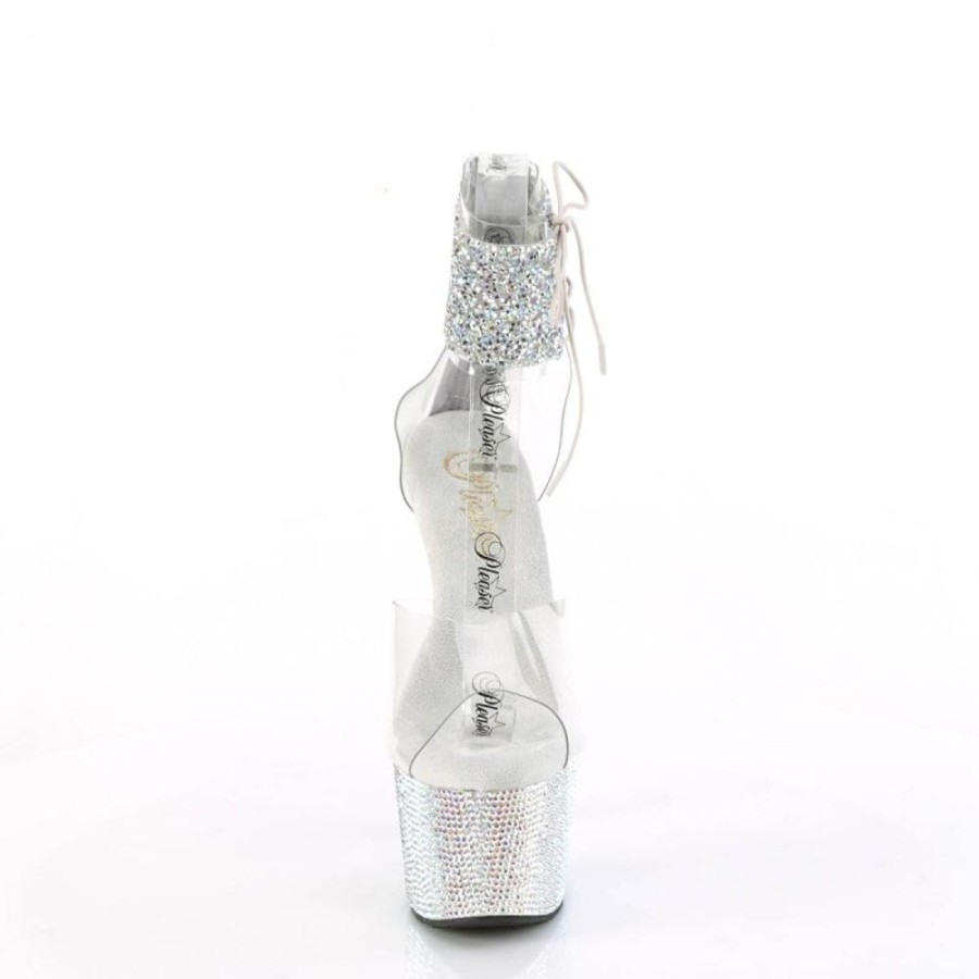 High Heels Pleaser | Pleaser Bejeweled-724Rs-02 Plateau Sandaletten Strass Transparent Silber