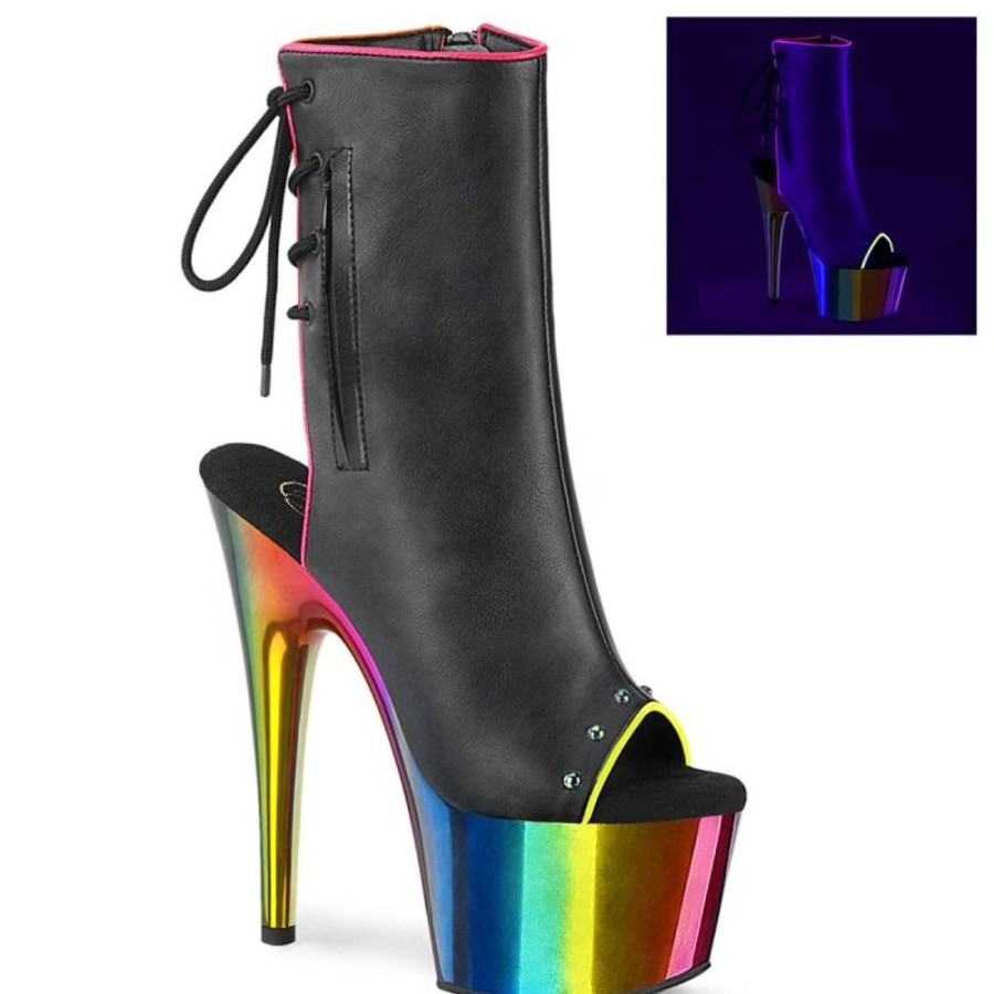 High Heels Pleaser | Pleaser Adore-1018Rc-02 Plateau Stiefeletten Kunstleder Chrom Schwarz Bunt