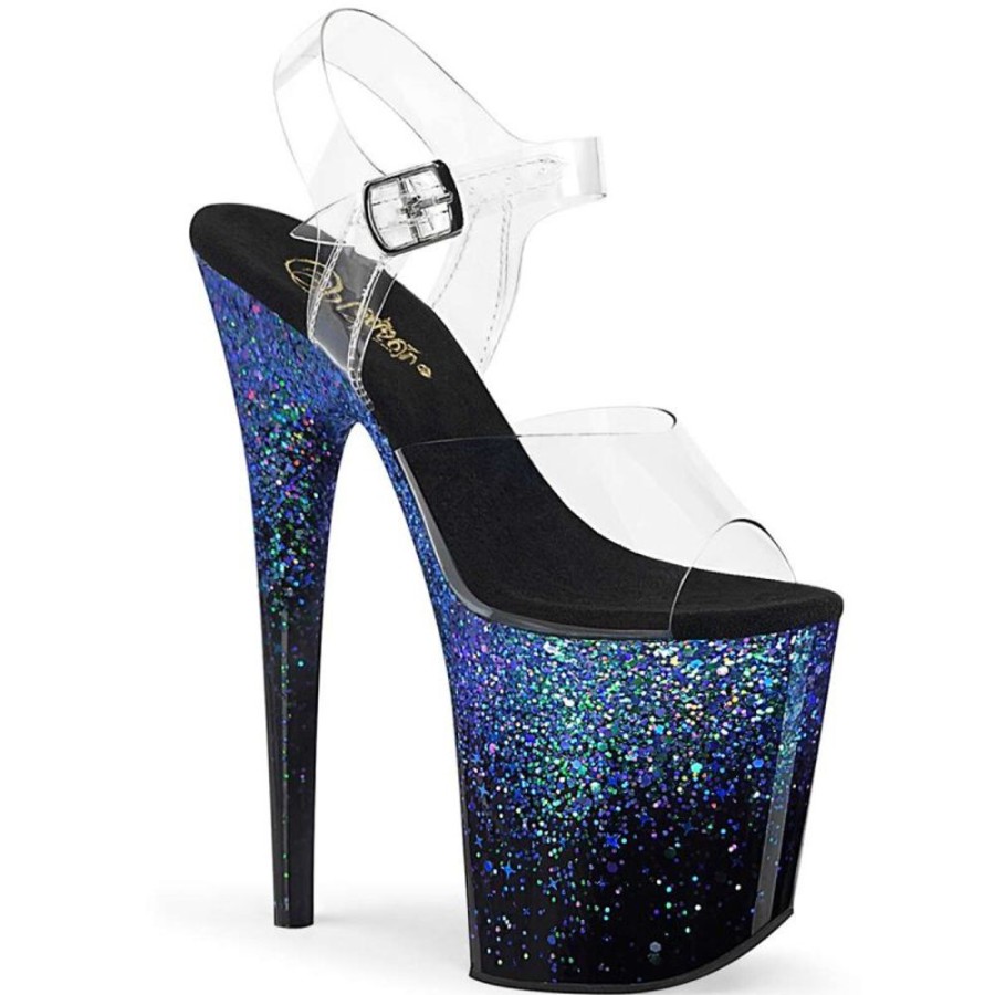 High Heels Pleaser | Pleaser Sandalette Flamingo-808Ss Transparent Schwarz Blau Multi Glitter