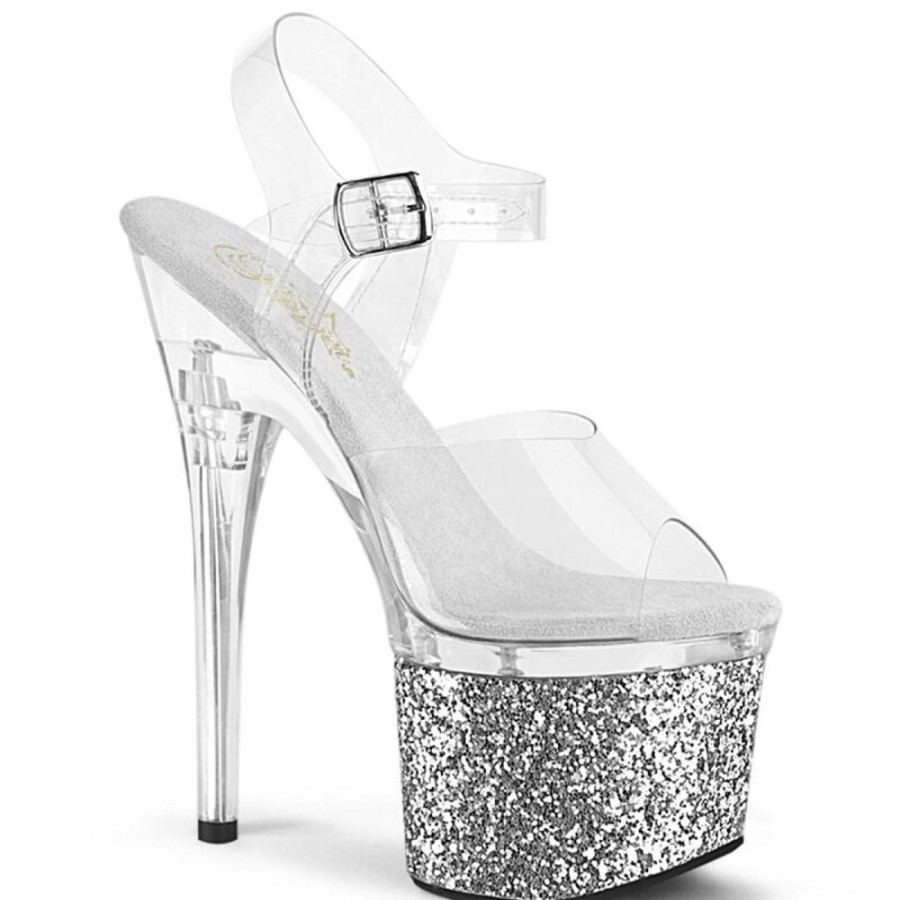 High Heels Pleaser | Pleaser Esteem-708Lg Plateau Sandaletten Glitter Transparent Silber