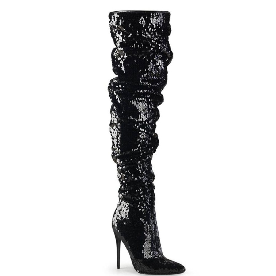 High Heels Pleaser | Pleaser Courtly-3011 Overknee Stiefel Pailetten Schwarz