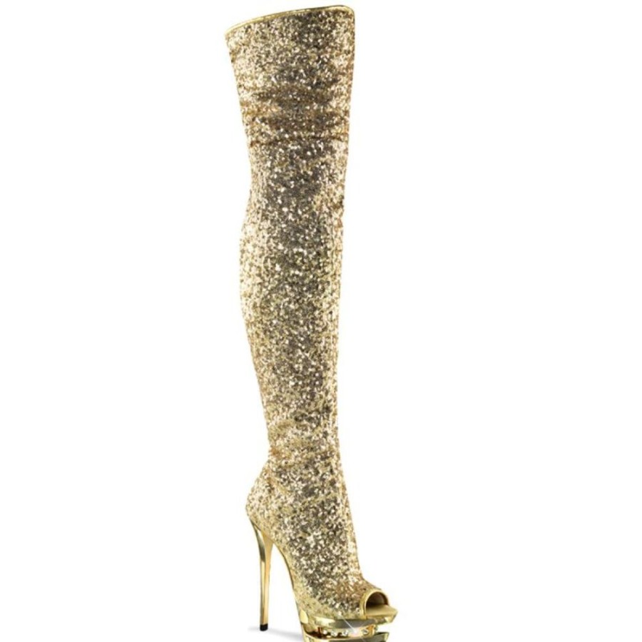 High Heels Pleaser | Pleaser Overknee Stiefel Blondie-R-3011 Gold Multi Glitter Chrom