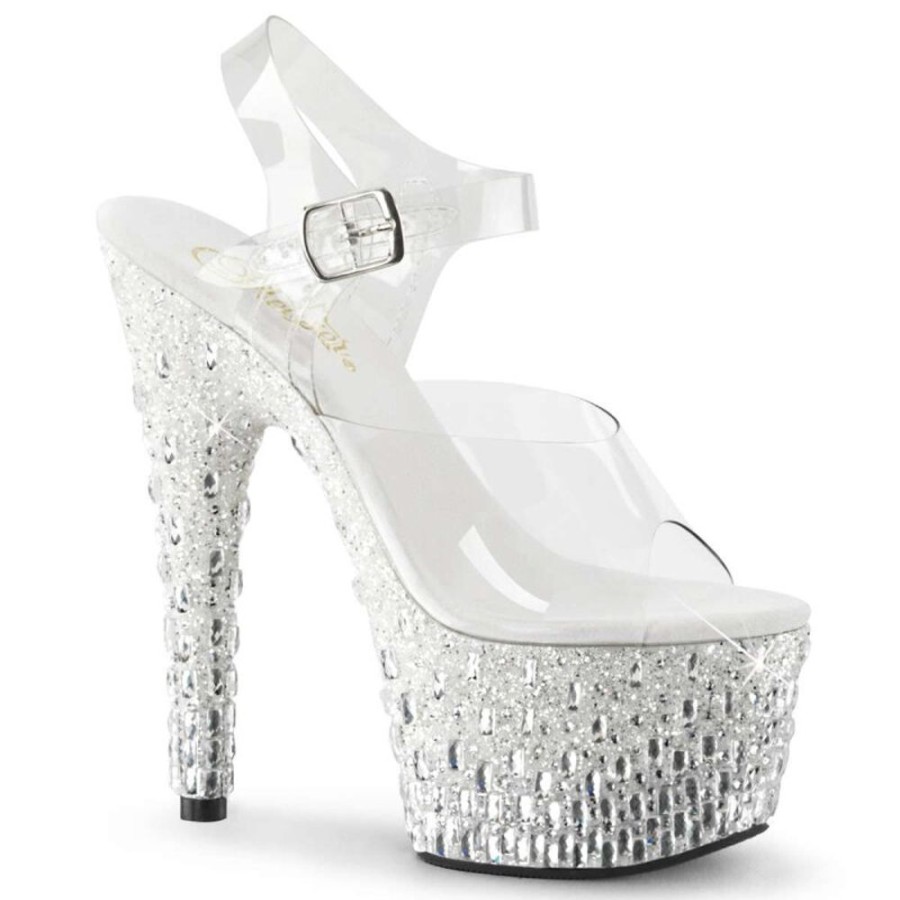 High Heels Pleaser | Pleaser Sandalette Adore-708Mr-5 Transparent Weis-Silber Strass