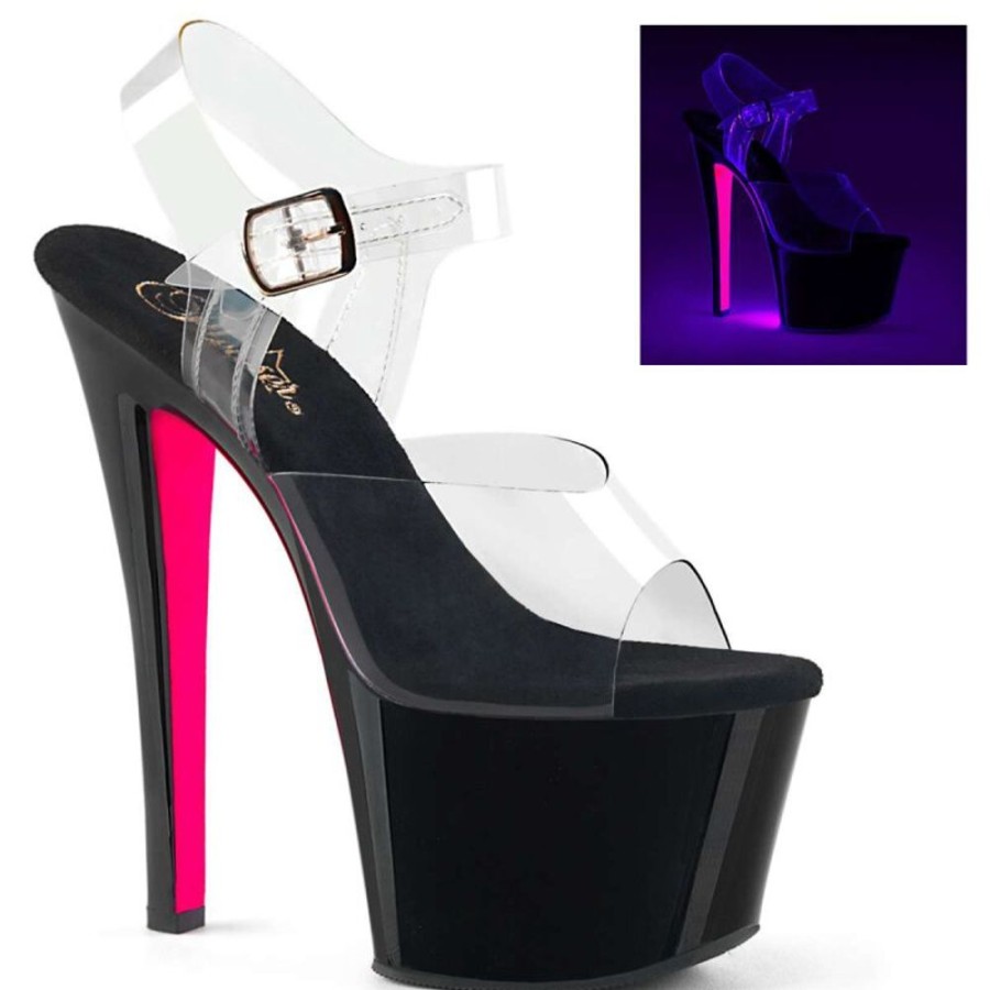 High Heels Pleaser | Pleaser Sandalette Sky-308Tt Transparent Schwarz-Pink Neon