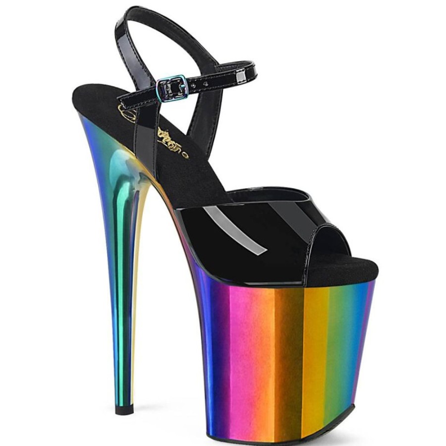 High Heels Pleaser | Pleaser Flamingo-809Rc Plateau Sandaletten Lack Chrom Schwarz Bunt