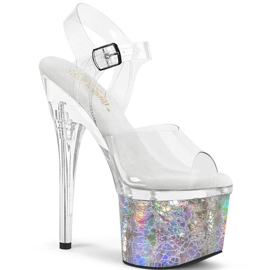 High Heels Pleaser | Pleaser Esteem-708Ck Plateau Sandaletten Holo Transparent Silber