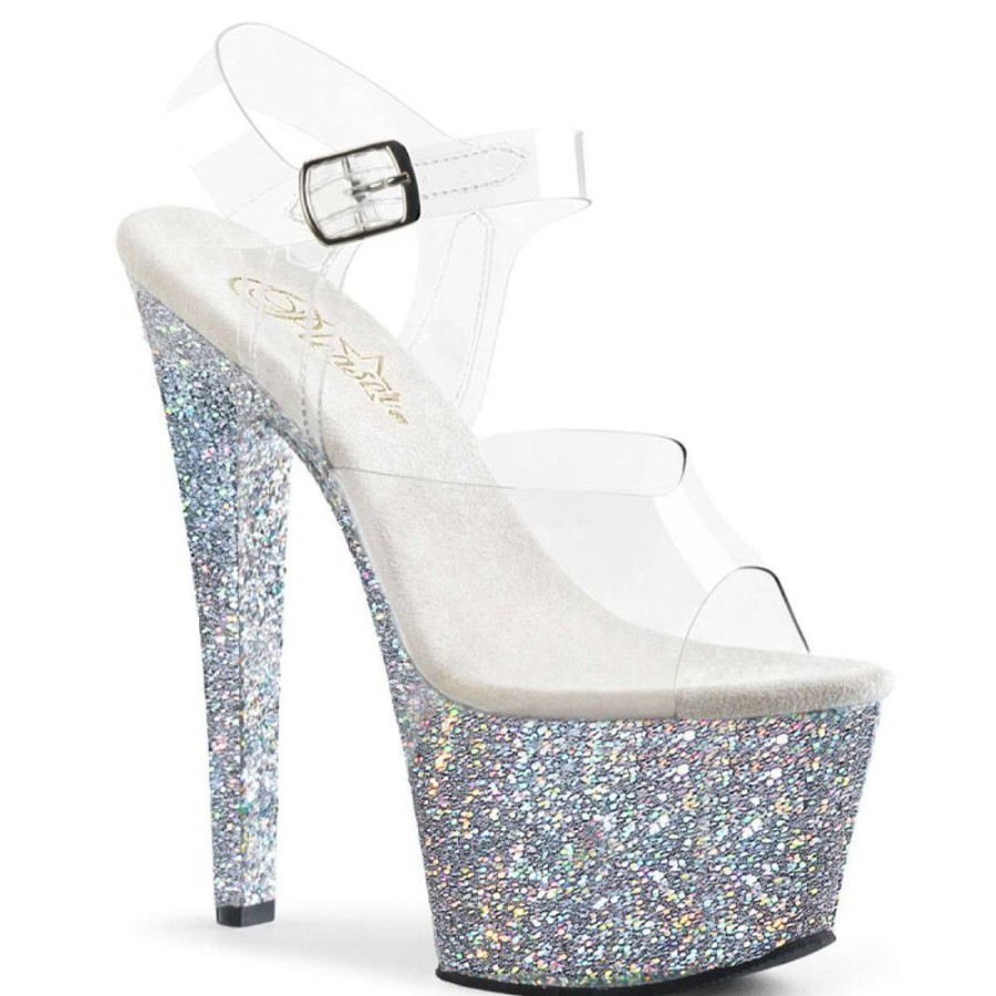 High Heels Pleaser | Pleaser Sandalette Sky-308Lg Transparent Silber Multi Glitter