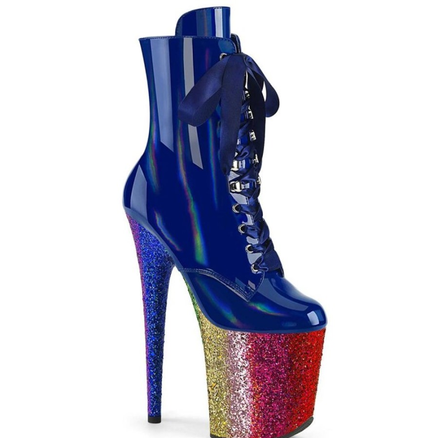 High Heels Pleaser | Pleaser Flamingo-1020Hg Plateau Stiefeletten Lack Glitter Blau Bunt