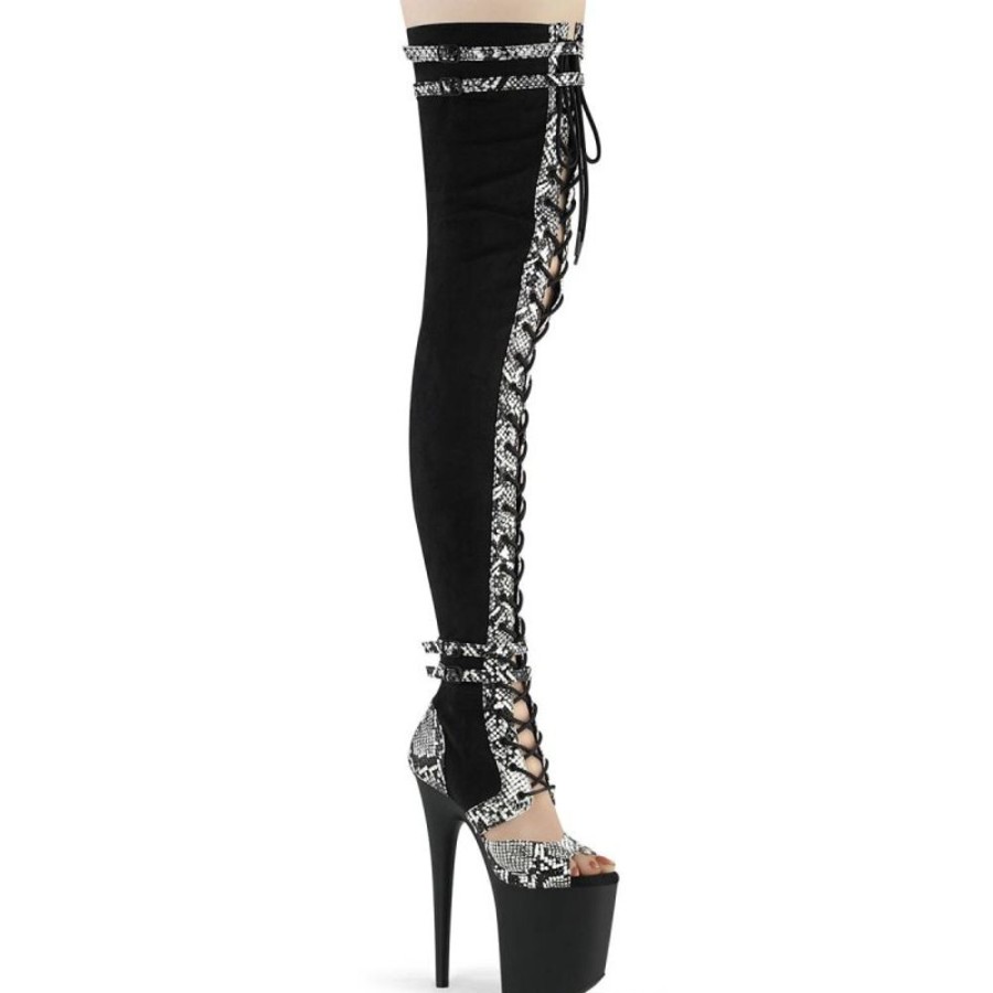 High Heels Pleaser | Pleaser Flamingo-3027Sp Plateau Overknee Stiefel Snake Schwarz