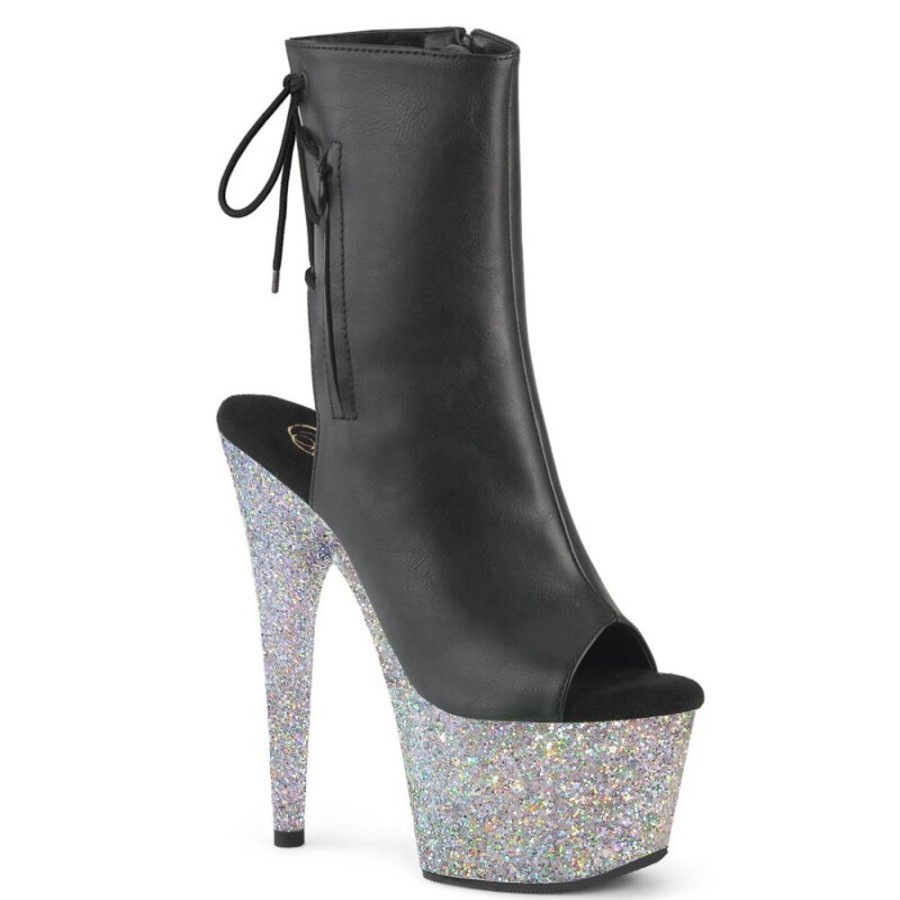 High Heels Pleaser | Pleaser Adore-1018Lg Plateau Stiefeletten Kunstleder Glitter Schwarz Silber