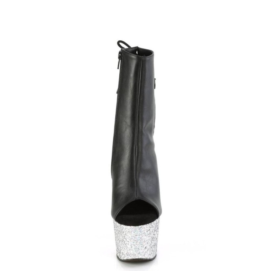 High Heels Pleaser | Pleaser Adore-1018Lg Plateau Stiefeletten Kunstleder Glitter Schwarz Silber