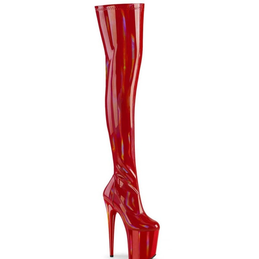 High Heels Pleaser | Pleaser Flamingo-3000Hwr Plateau Overknee Stiefel Lack Holo Rot