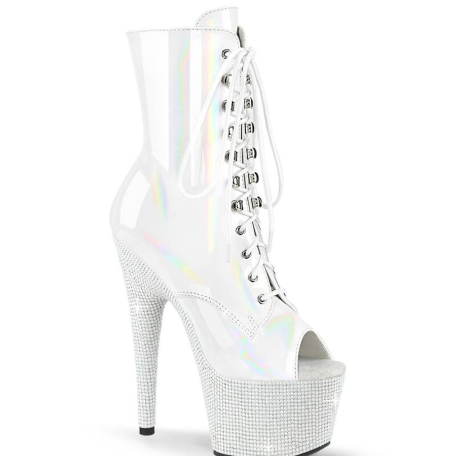 High Heels Pleaser | Pleaser Bejeweled-1021-7 Plateau Stiefeletten Holo Strass Weis