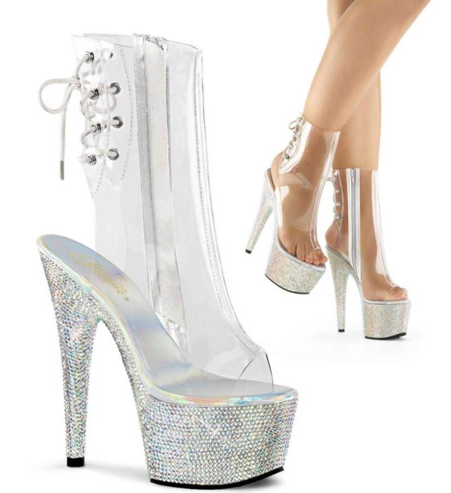 High Heels Pleaser | Pleaser Stiefelette Bejeweled-1018Dm-7 Transparent Silber Strass