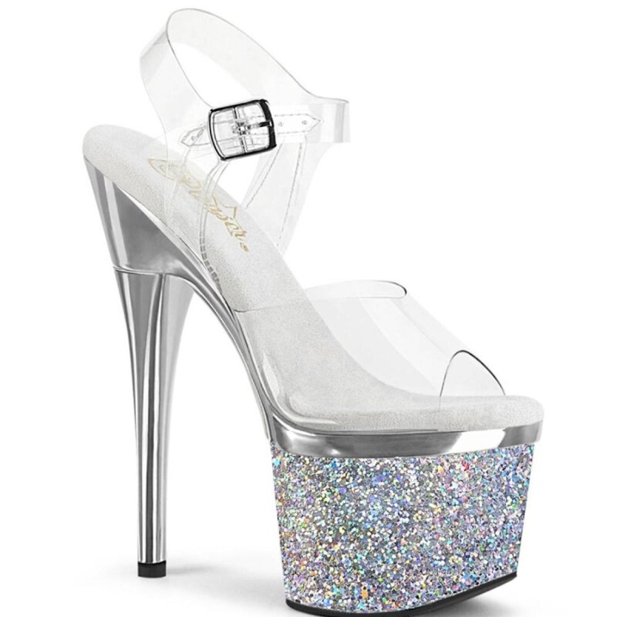 High Heels Pleaser | Pleaser Esteem-708Chlg Plateau Sandaletten Glitter Silber