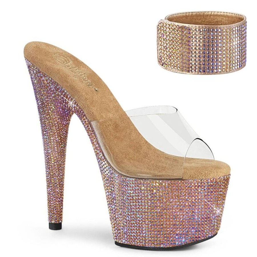 High Heels Pleaser | Pleaser Bejeweled-712Rs Plateau Pantoletten Strass Transparent Rose-Gold