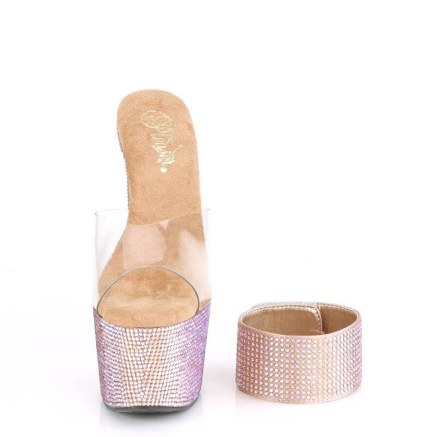 High Heels Pleaser | Pleaser Bejeweled-712Rs Plateau Pantoletten Strass Transparent Rose-Gold