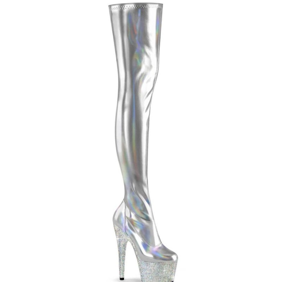 High Heels Pleaser | Pleaser Bejeweled-3000-7 Plateau Overknee Stiefel Holo Strass Silber