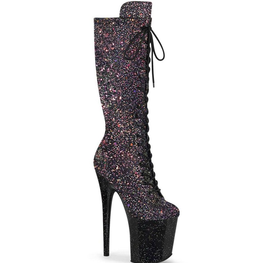 High Heels Pleaser | Pleaser Flamingo-2020Mg Plateau Stiefeletten Glitter Schwarz