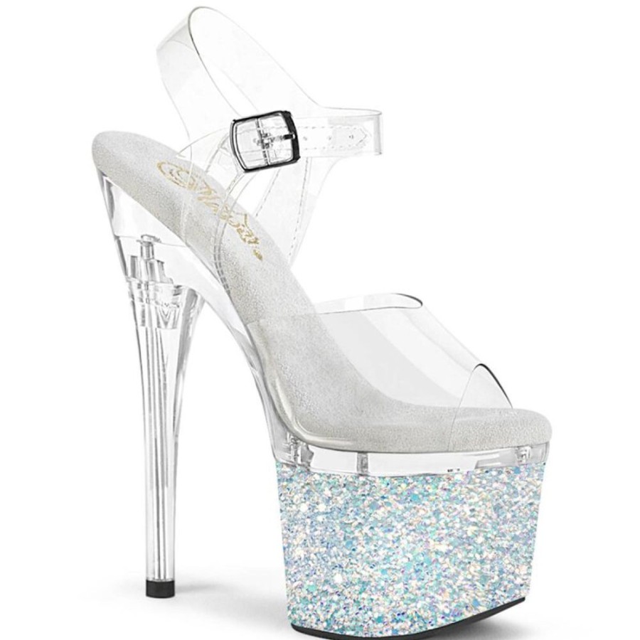 High Heels Pleaser | Pleaser Esteem-708Lg Plateau Sandaletten Glitter Transparent Weis