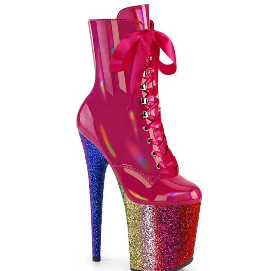 High Heels Pleaser | Pleaser Flamingo-1020Hg Plateau Stiefeletten Lack Glitter Pink Bunt